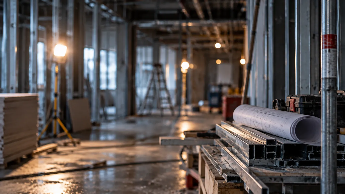 Byggeplads under renovering med midlertidige brandrisici og behov for akut brandvagt