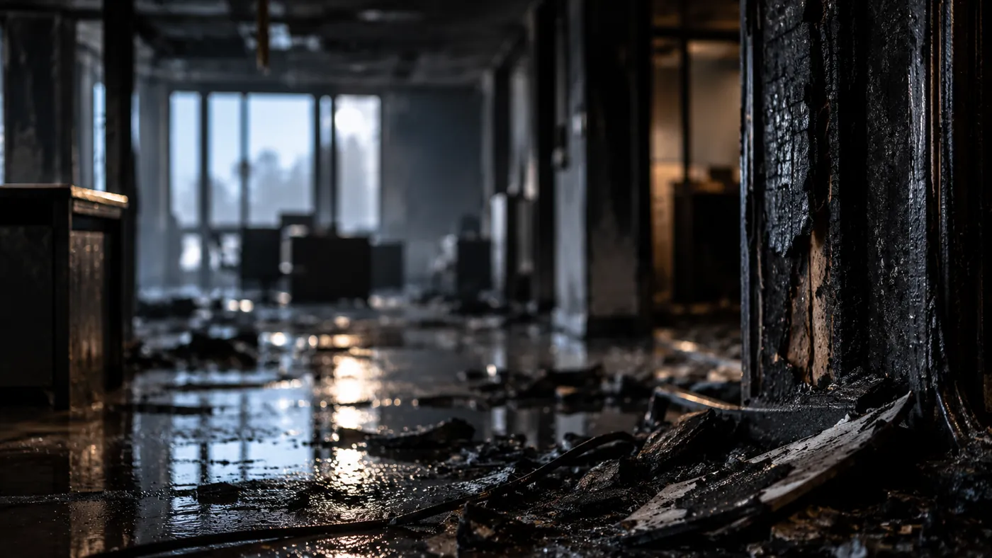 Brandskadet bygning efter brand med behov for brandvagt, opsyn og midlertidigt brandtilsyn
