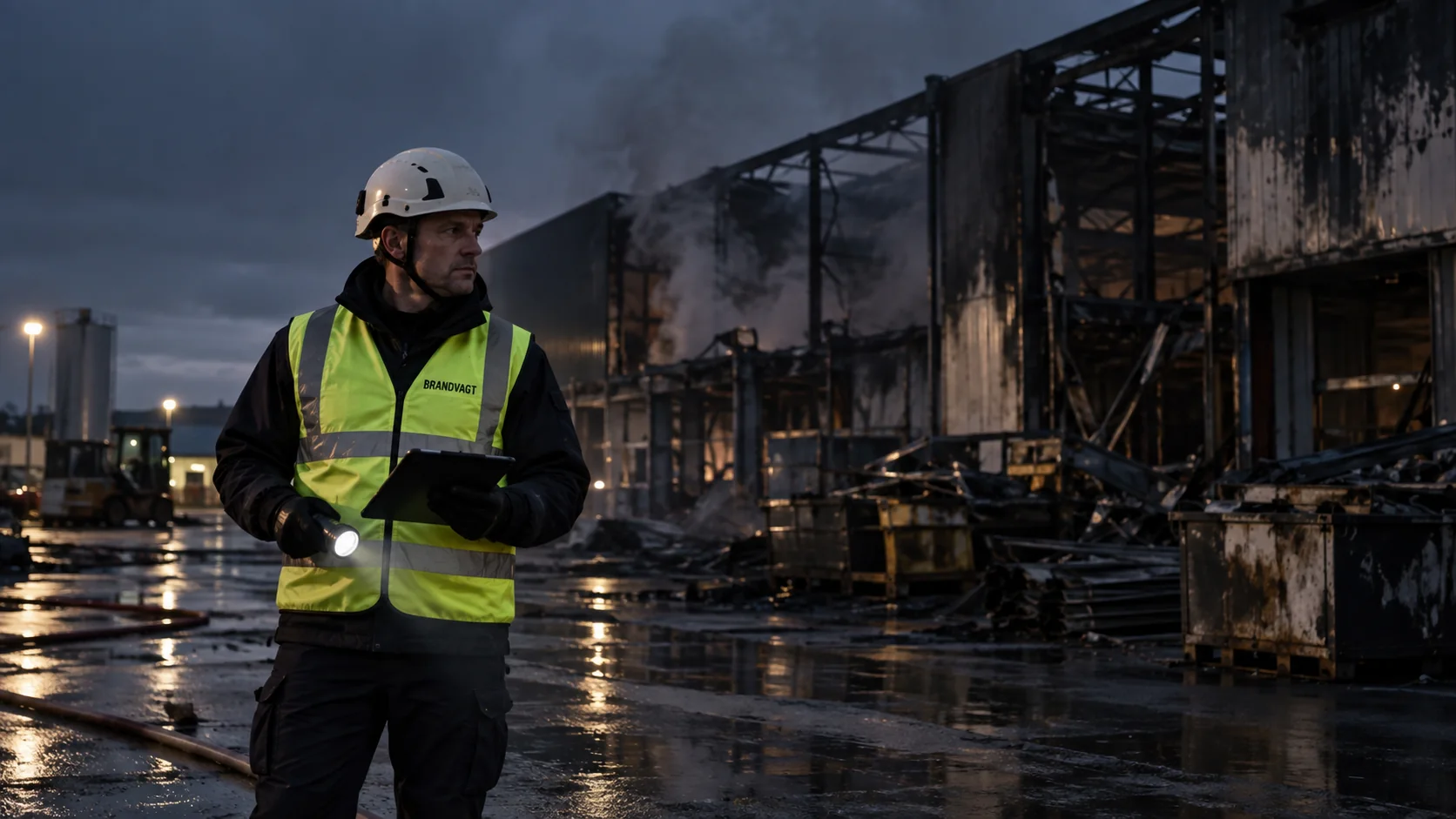 Brandvagt efter brandulykke ved industribygning med brandskader
