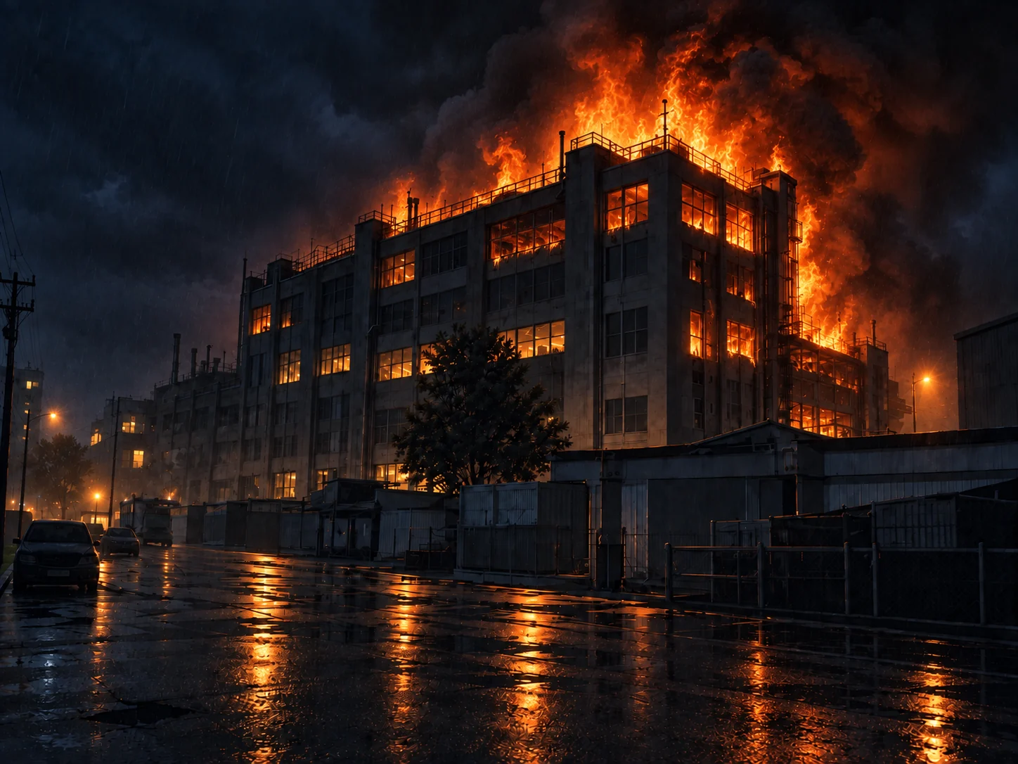 Industribygning i kraftig brand om natten