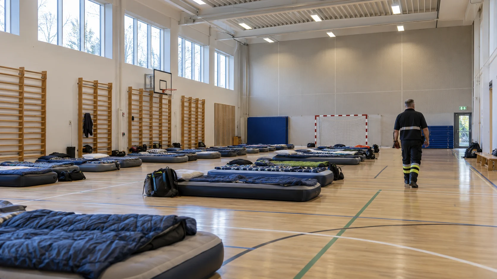 Brandvagt ved midlertidig overnatning i idrætshal med sovepladser og frie flugtveje