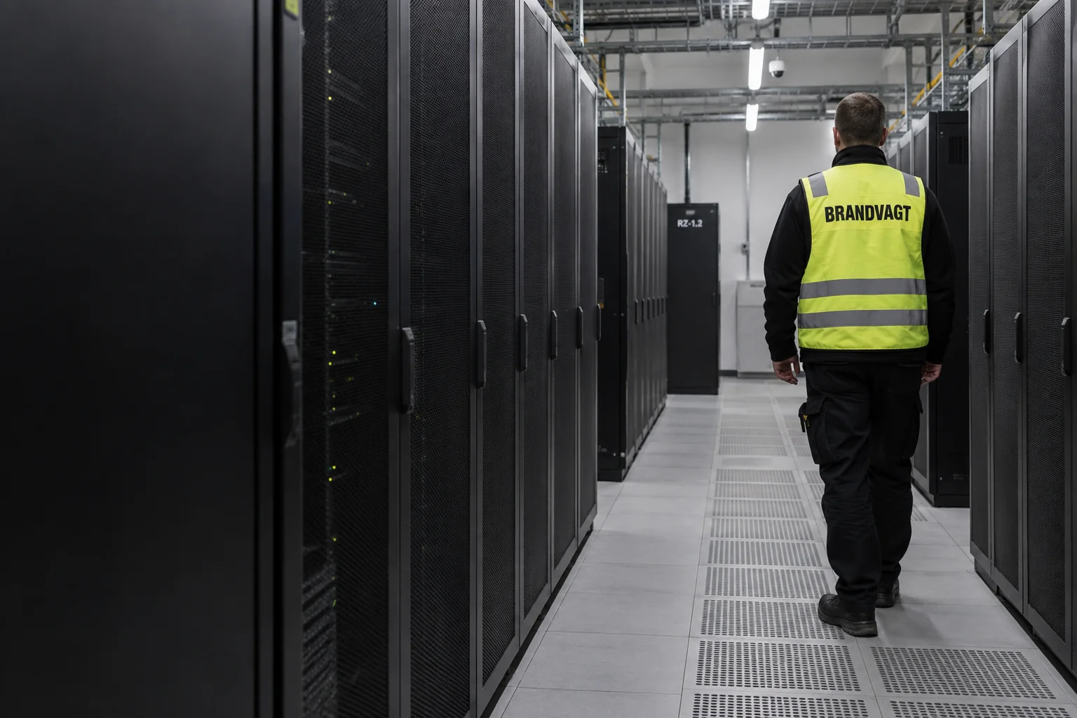 Brandvagt set bagfra mellem serverrækker i et datacenter