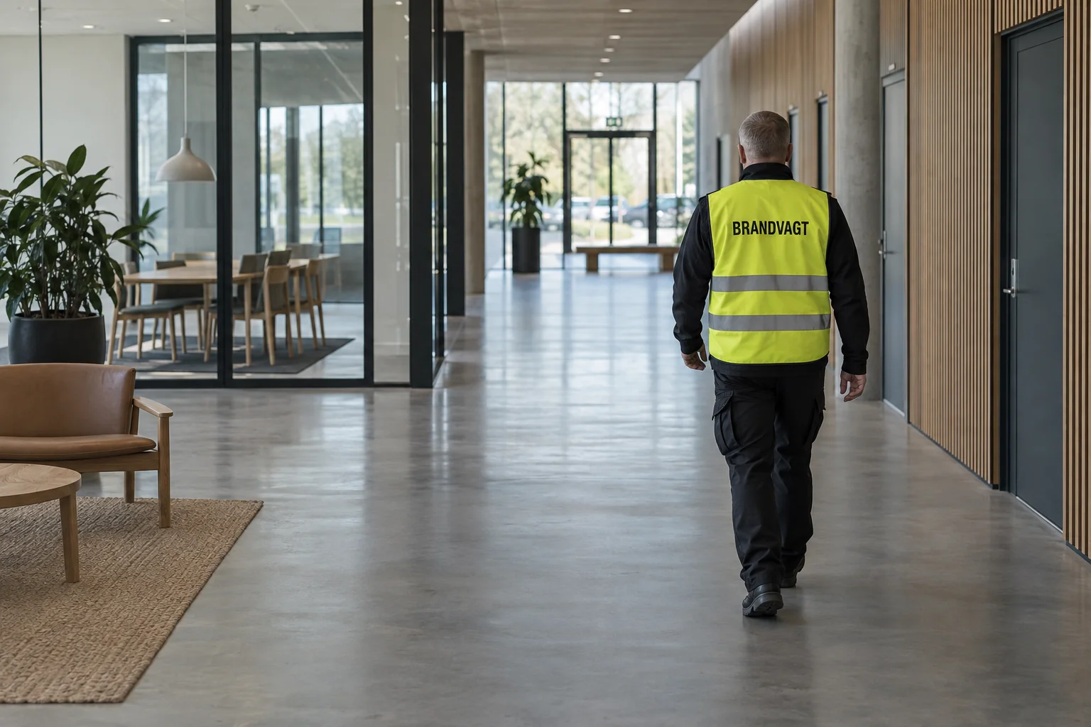 Brandvagt set bagfra i et erhvervshus med glaspartier og fællesgang