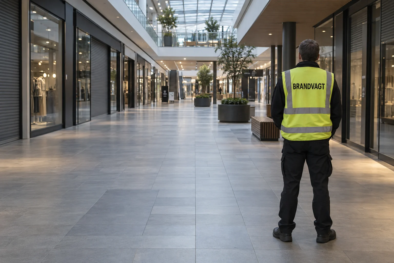 Brandvagt set bagfra i et shoppingcenters passage før åbning