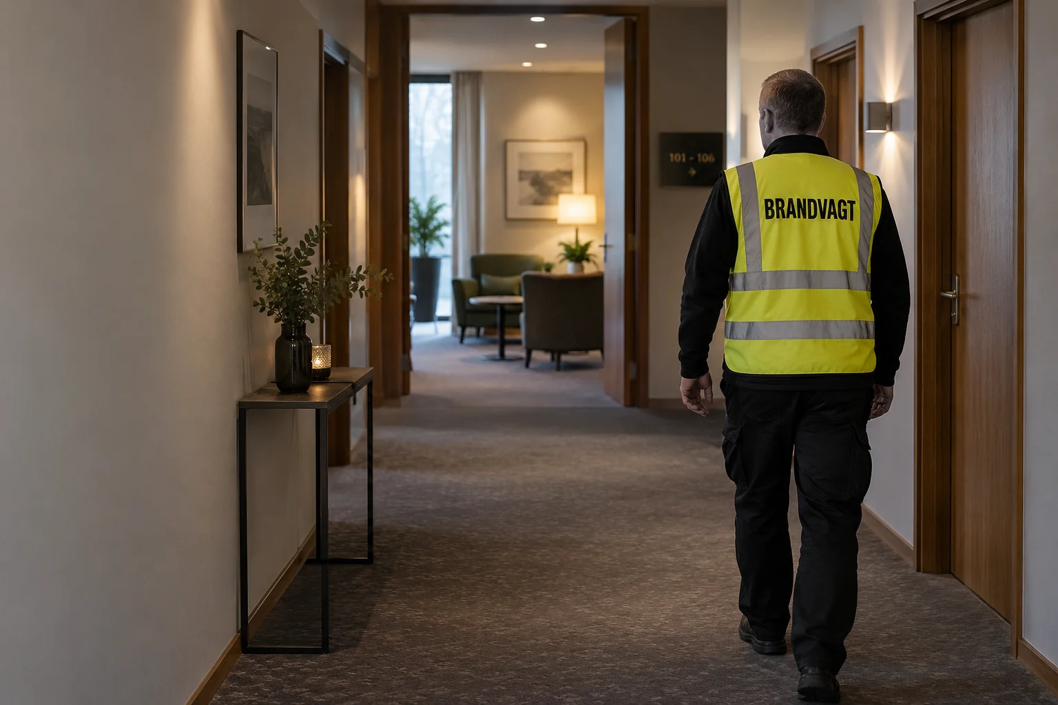 Brandvagt set bagfra i en hotelgang med trædøre