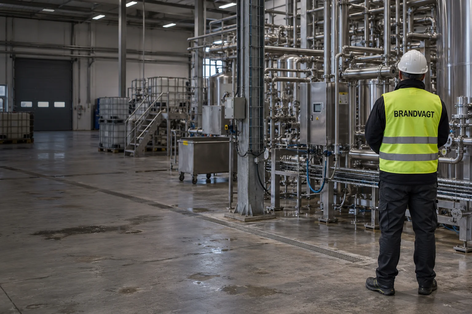 Brandvagt set bagfra ved rør og procesudstyr i en industrihal