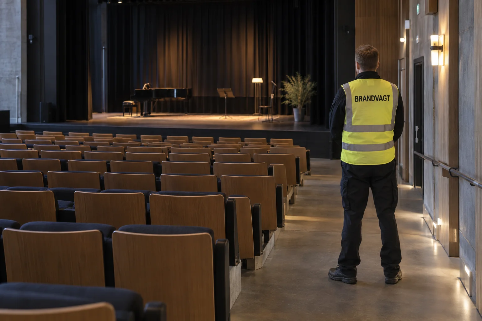 Brandvagt set bagfra ved siddepladserne i en tom kultursal