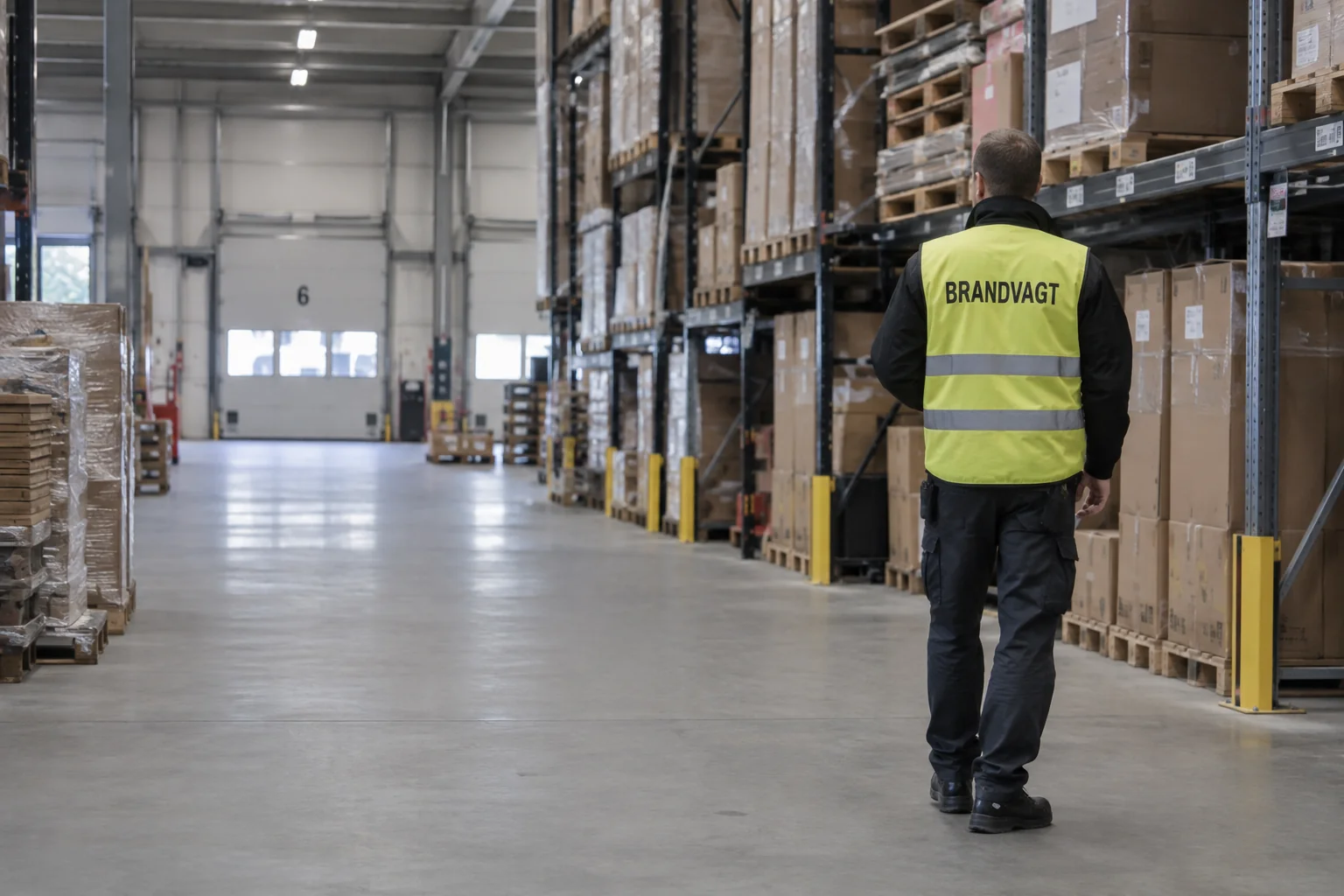 Brandvagt set bagfra i en lagergang mellem pallereoler