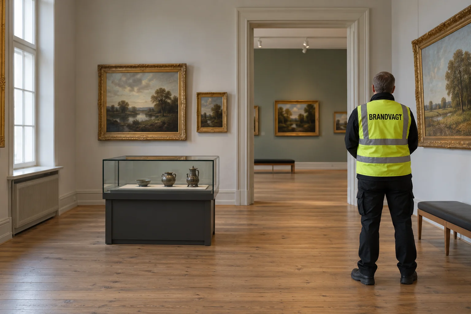 Brandvagt set bagfra i et museum med malerier og montre