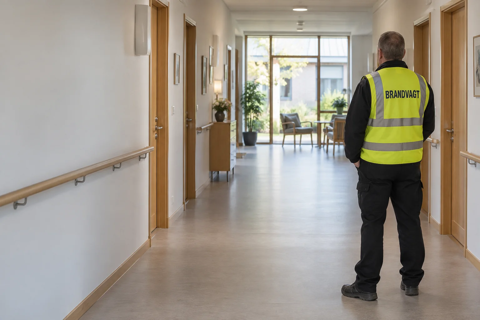 Brandvagt set bagfra på en rolig institutionsgang med håndliste