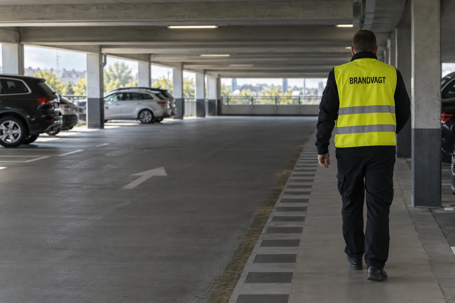 Brandvagt set bagfra på en gangrute i et parkeringshus