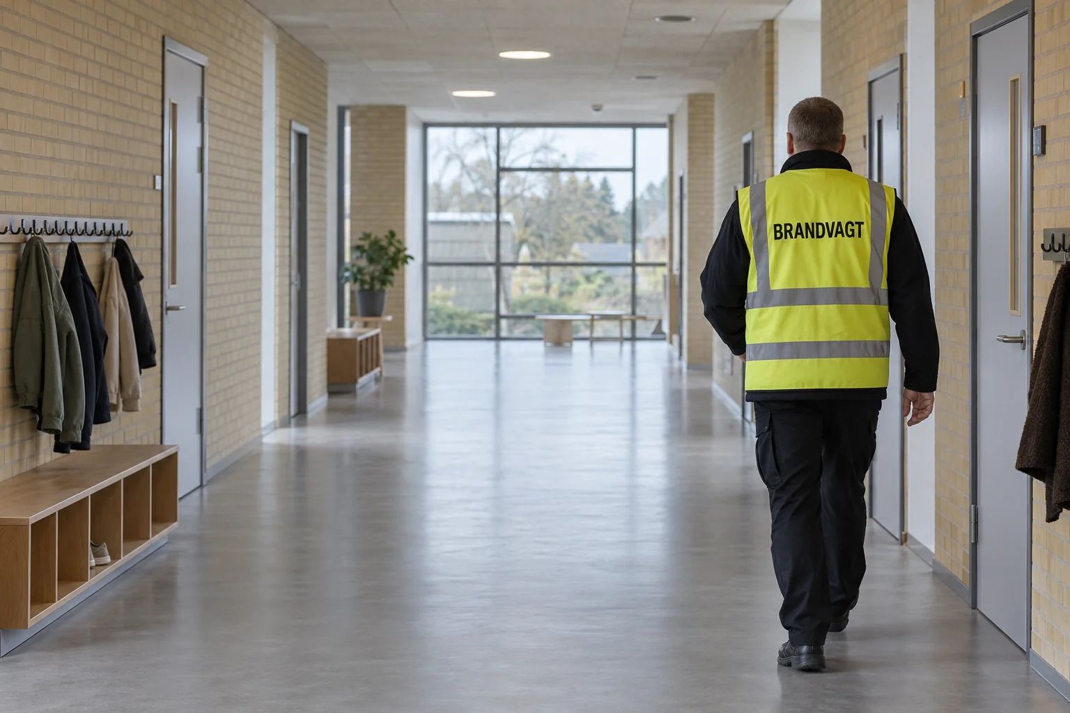 Brandvagt set bagfra på en skolegang uden elever
