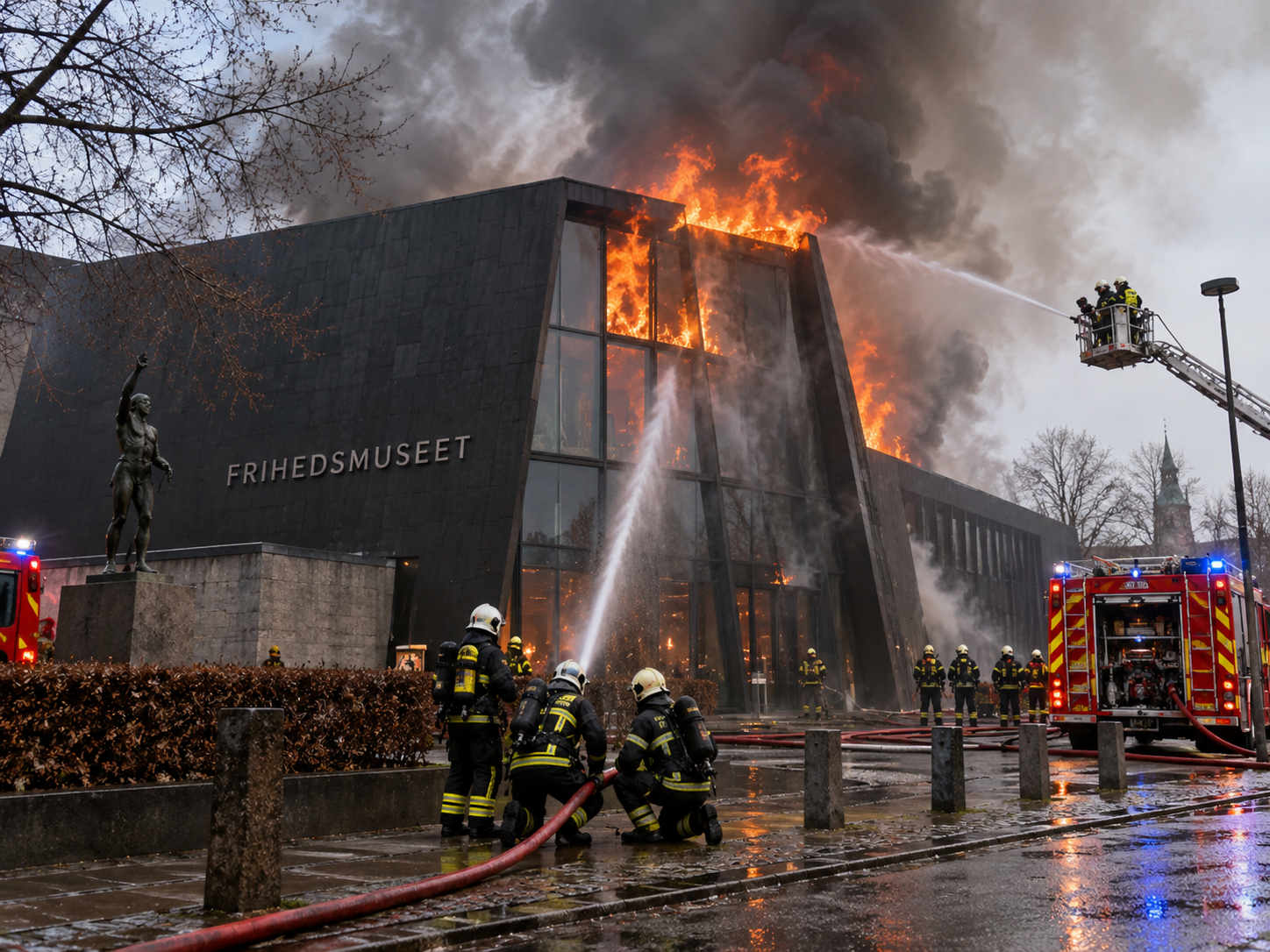 Illustration af branden på Frihedsmuseet i København – brandopsyn efter brandskade