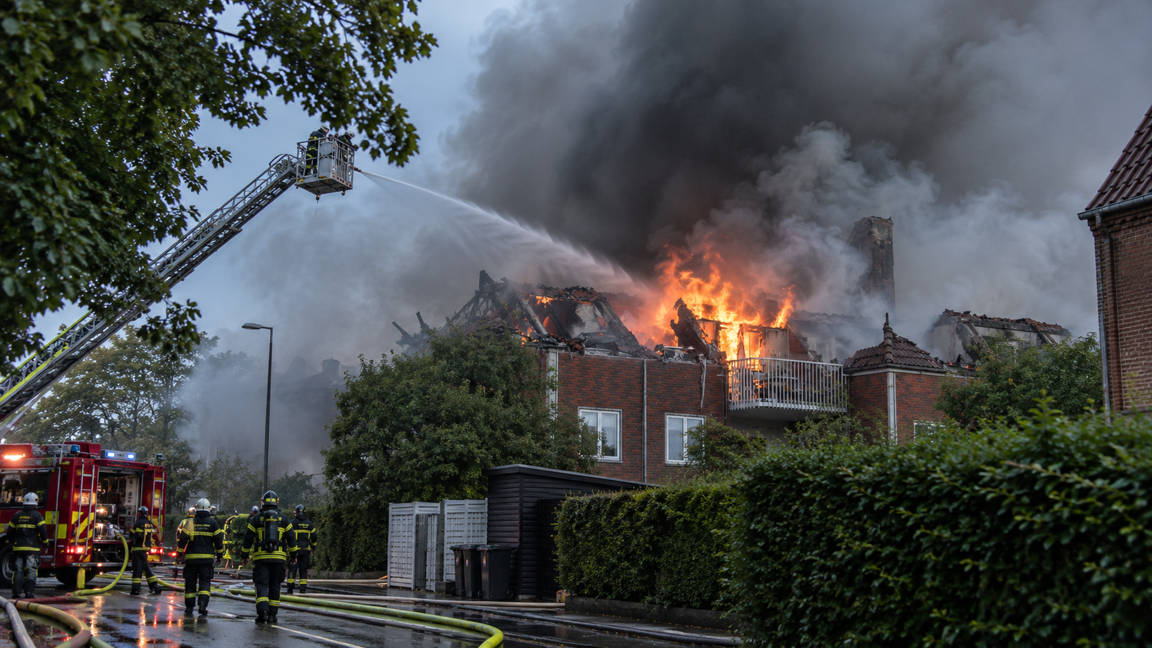 Illustration af storbranden i Vanløse ved Grøndalsbo – brandopsyn efter brandulykke