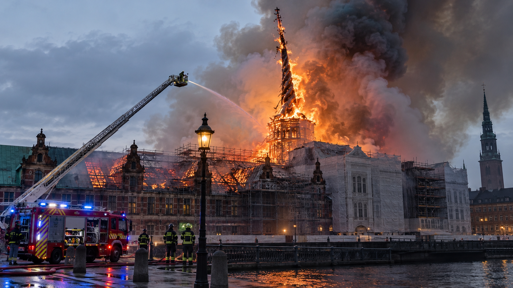 Illustration af Børsen i København under branden i 2024 – brandvagt og brandopsyn efter brand