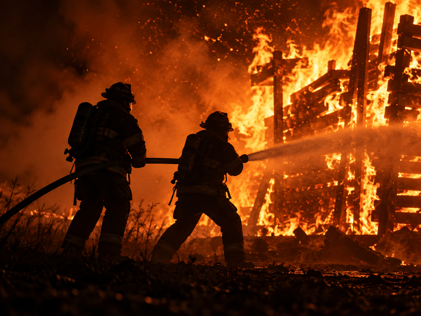 Brandfolk arbejder tæt på kraftige flammer ved en større brand