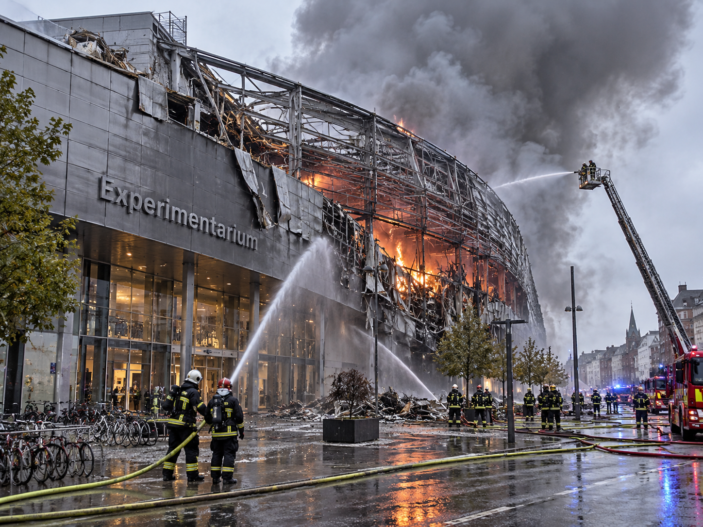 Illustration af Experimentarium-branden i Hellerup – brandvagt efter brand og brandskade