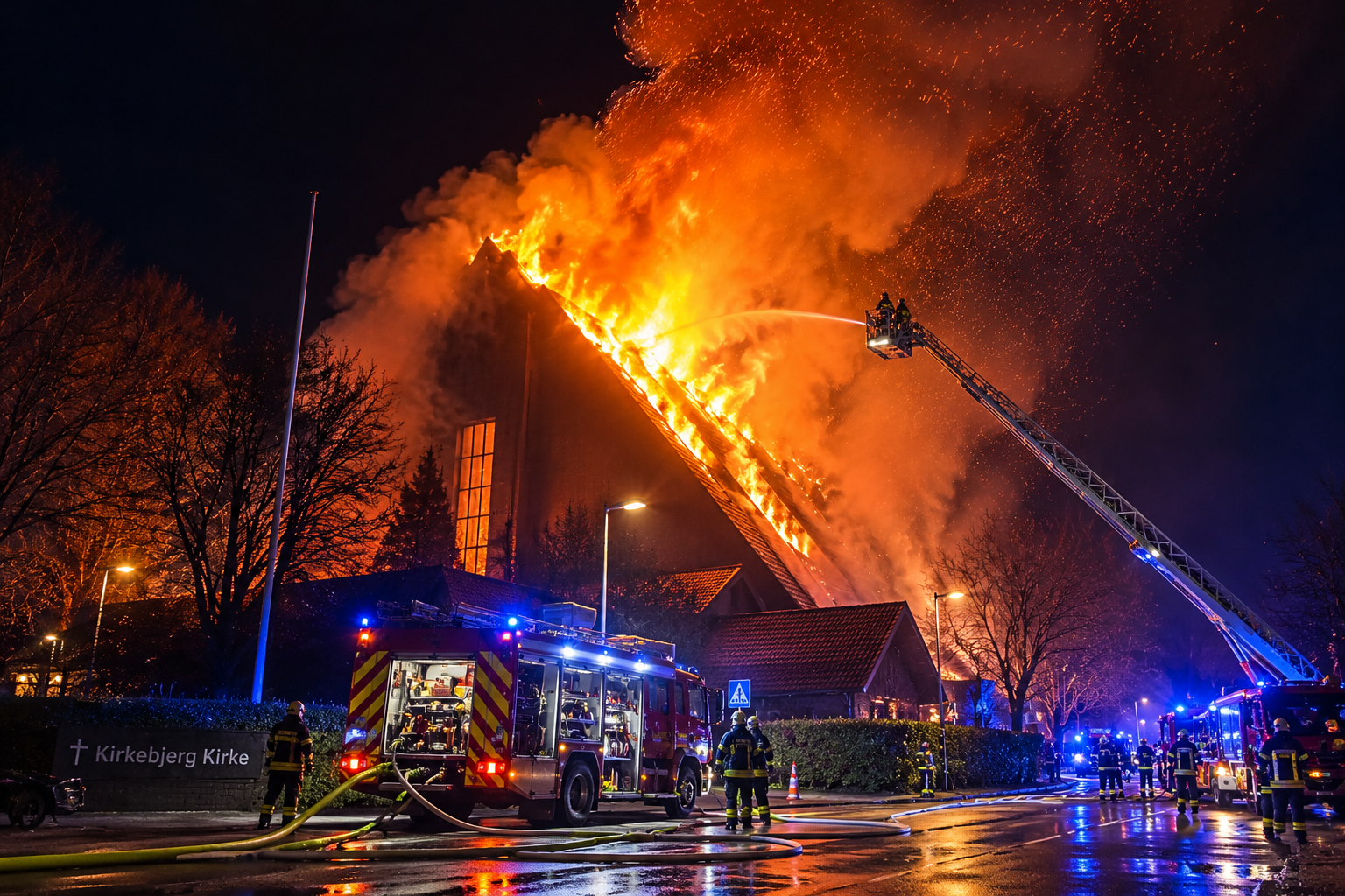Illustration af Hyltebjerg Kirke i brand – brandvagt og efterfølgende brandopsyn i Vanløse