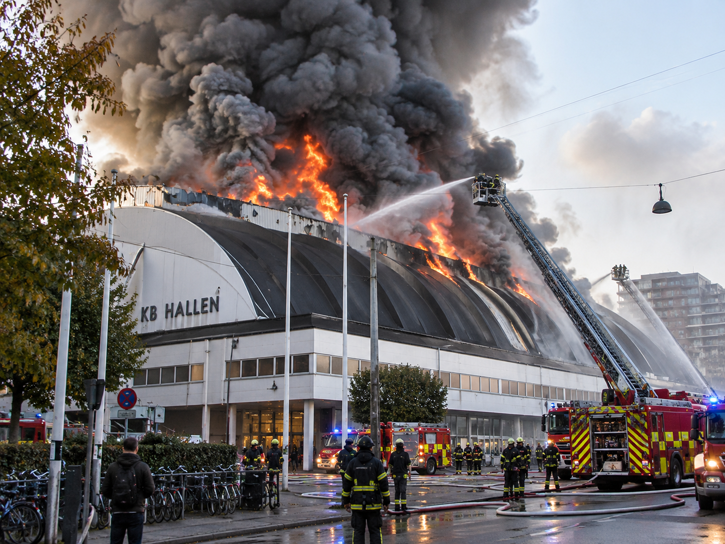 Illustration af K.B. Hallen under storbrand i 2011 – brandvagt og brandopsyn efter brandulykke