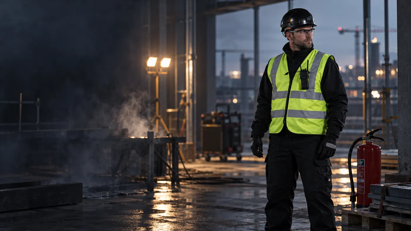 Brandvagt ved AVA-nedbrud på industriplads med brandslukker