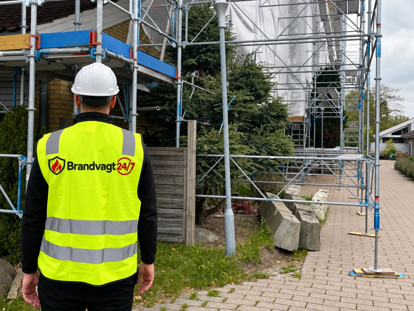 Brandvagt med gul vest og hjelm ved byggeplads med stillads