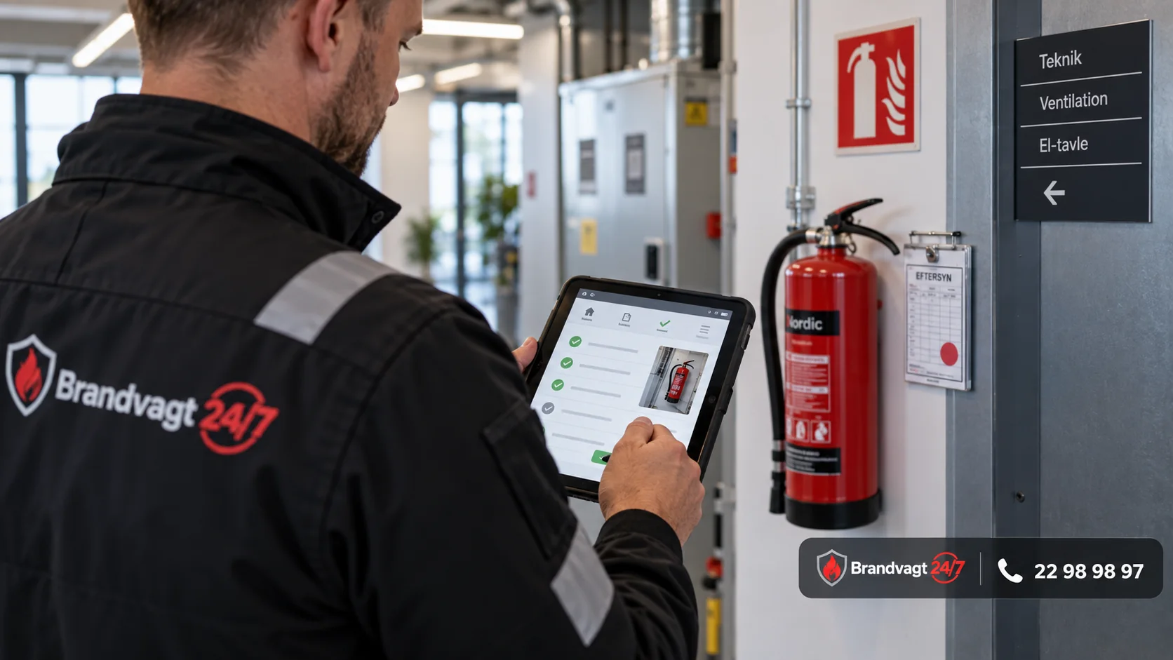 Brandvagt registrerer digital dokumentation af brandsikkerhed på tablet