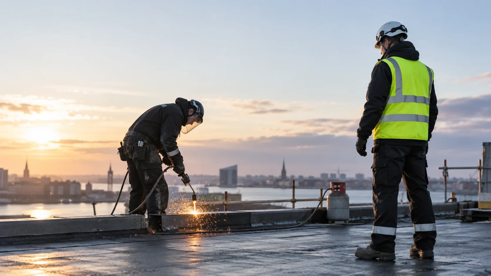 Brandvagt fører opsyn med varmt tagarbejde med gnister og åben flamme