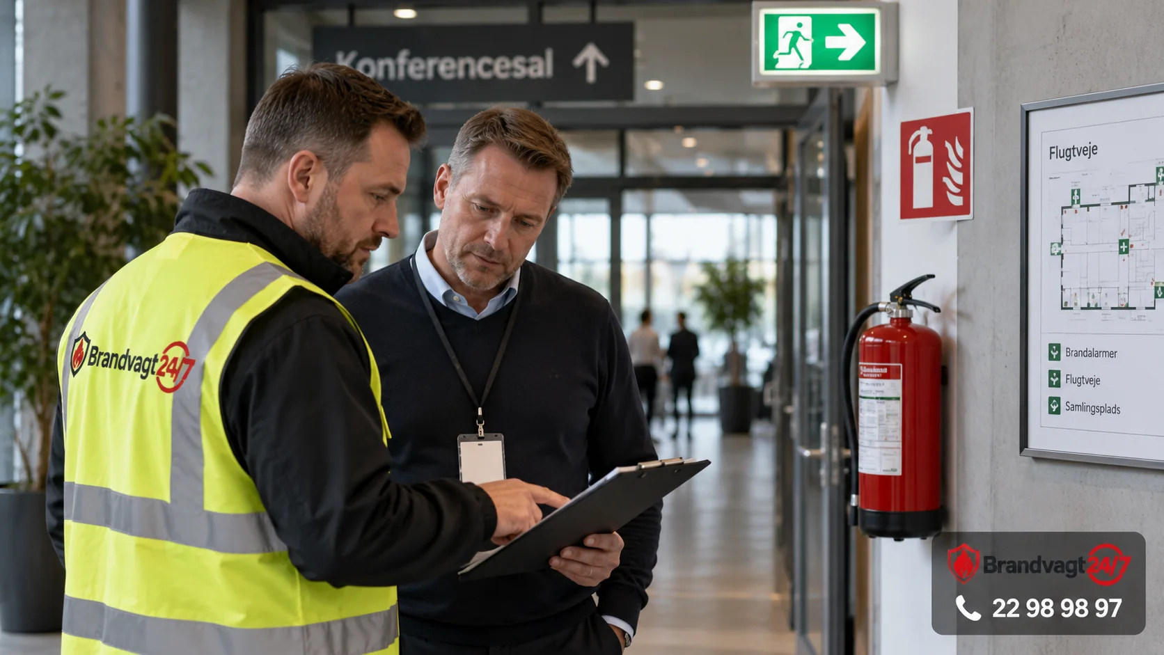 Brandvagt og driftsansvarlig gennemgår lokale myndighedskrav, flugtveje og brandsikkerhed i en erhvervsbygning