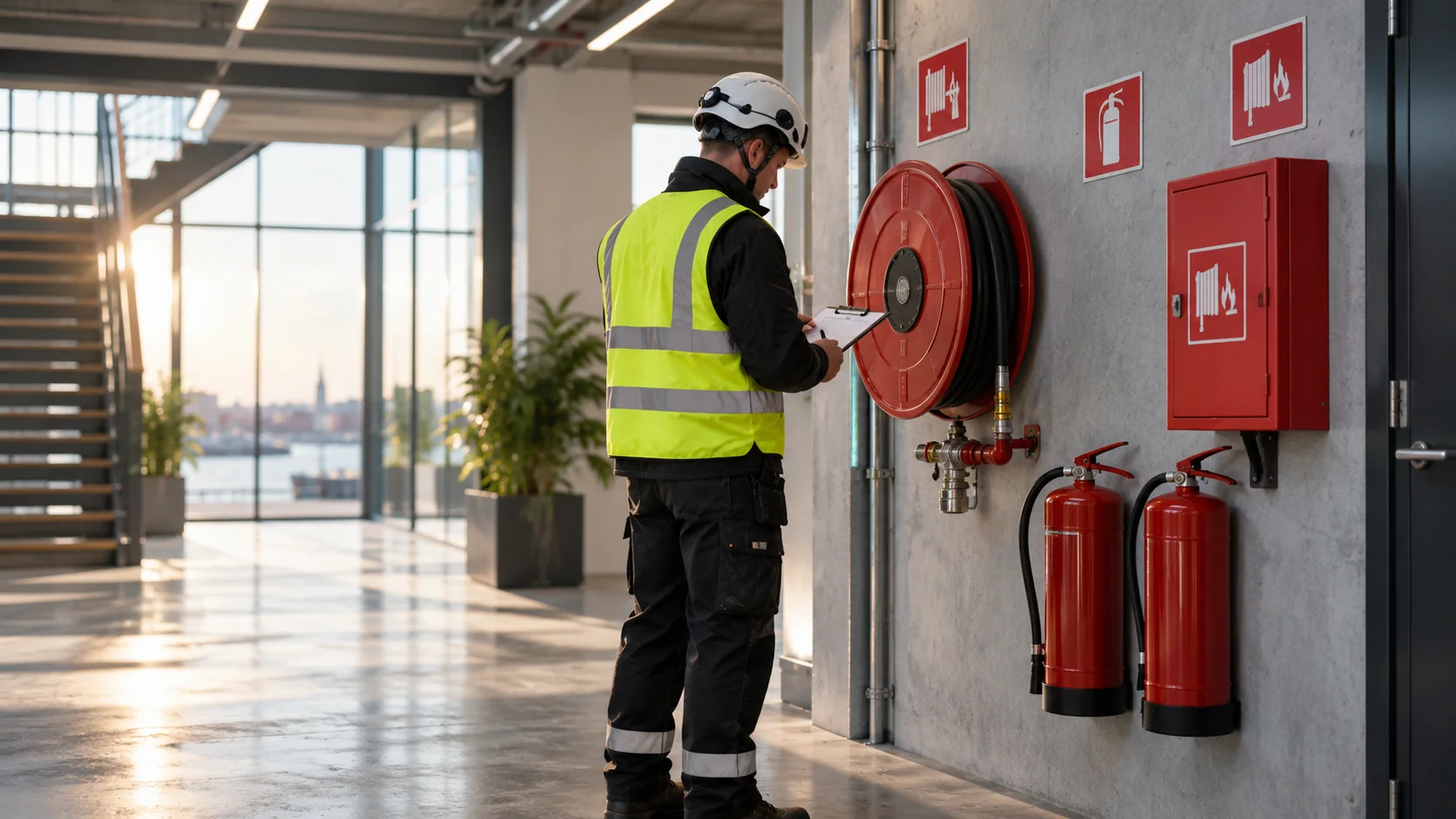 Brandvagt kontrollerer slukningsudstyr med håndildslukkere og slangevinde i erhvervsbygning